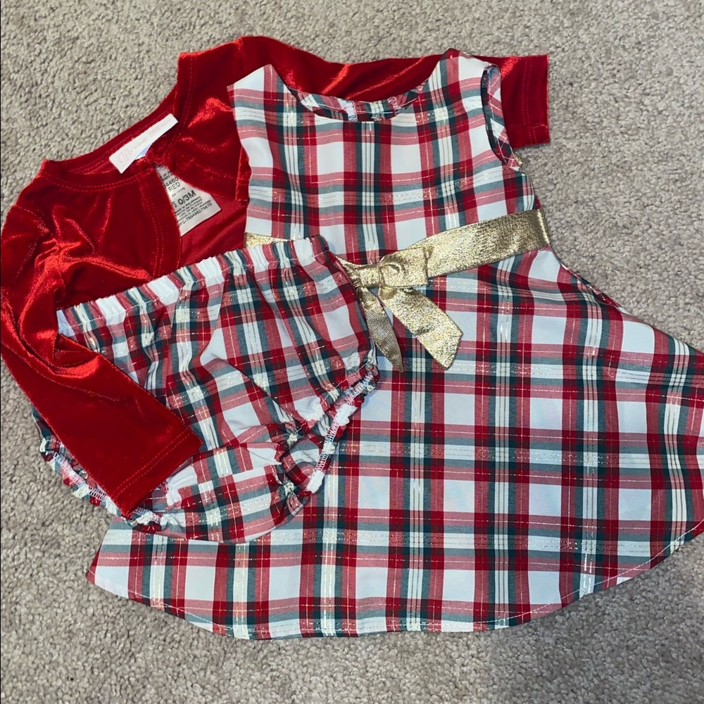 Infants holiday dress w/ diaper cover and velvet cardigan